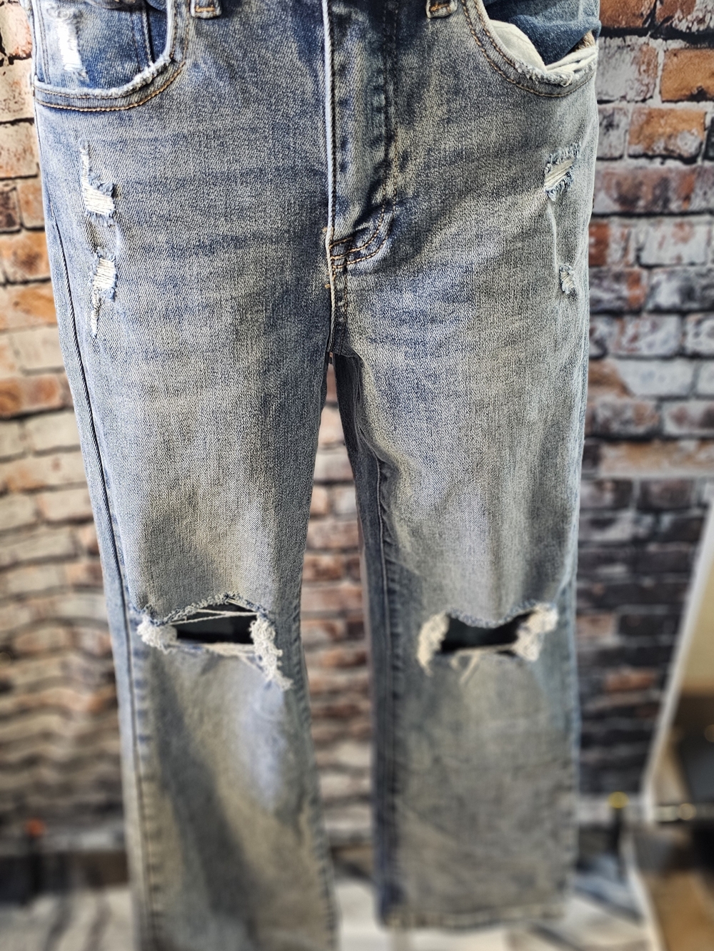 Freckled Poppy x Risen Distressed Straight Leg Jeans Raw Hem Light Wash Mid Rise